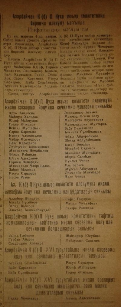 Azərbaycan K (b) P Nuxa şəhər komitəsinin birinci plenumu haqqında informasiya məlumatı // Nuxa fəhləsi : qəzet. — Nuxa, 1940. — В. 6 mart. — № 52 (2814). — Səh. 1.